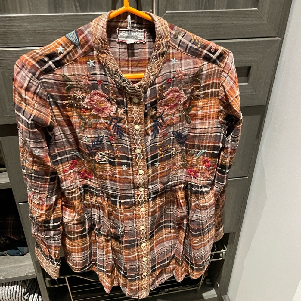 Johnny Was Embroidered Top Mandisa Mandarin Collar Smock Shirt